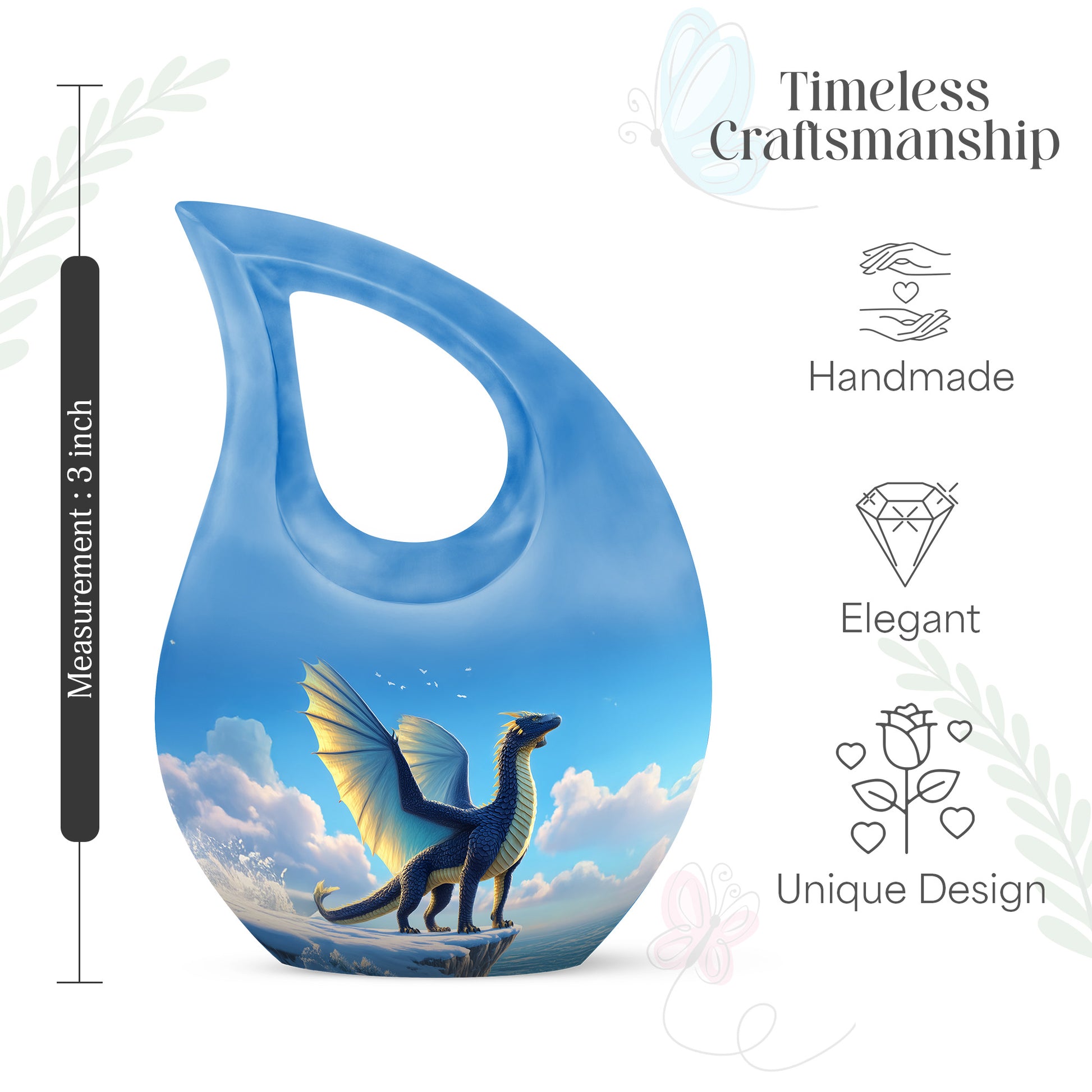 Indigo Dragon Cremation Urn back view with polished surface - sacred cross merged with dragon motif on metal - mini keepsake memorial for portion of cremation ashes