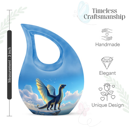 Indigo Dragon Cremation Urn back view with polished surface - sacred cross merged with dragon motif on metal - mini keepsake memorial for portion of cremation ashes