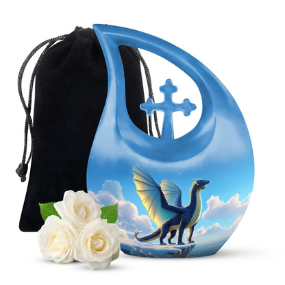 Celestial Blue Dragon Cremation Urn top-down view of secure threaded lid - cross and dragon combined in spiritual memorial design - full-size 10 inch 200 cubic inch adult cremation urn