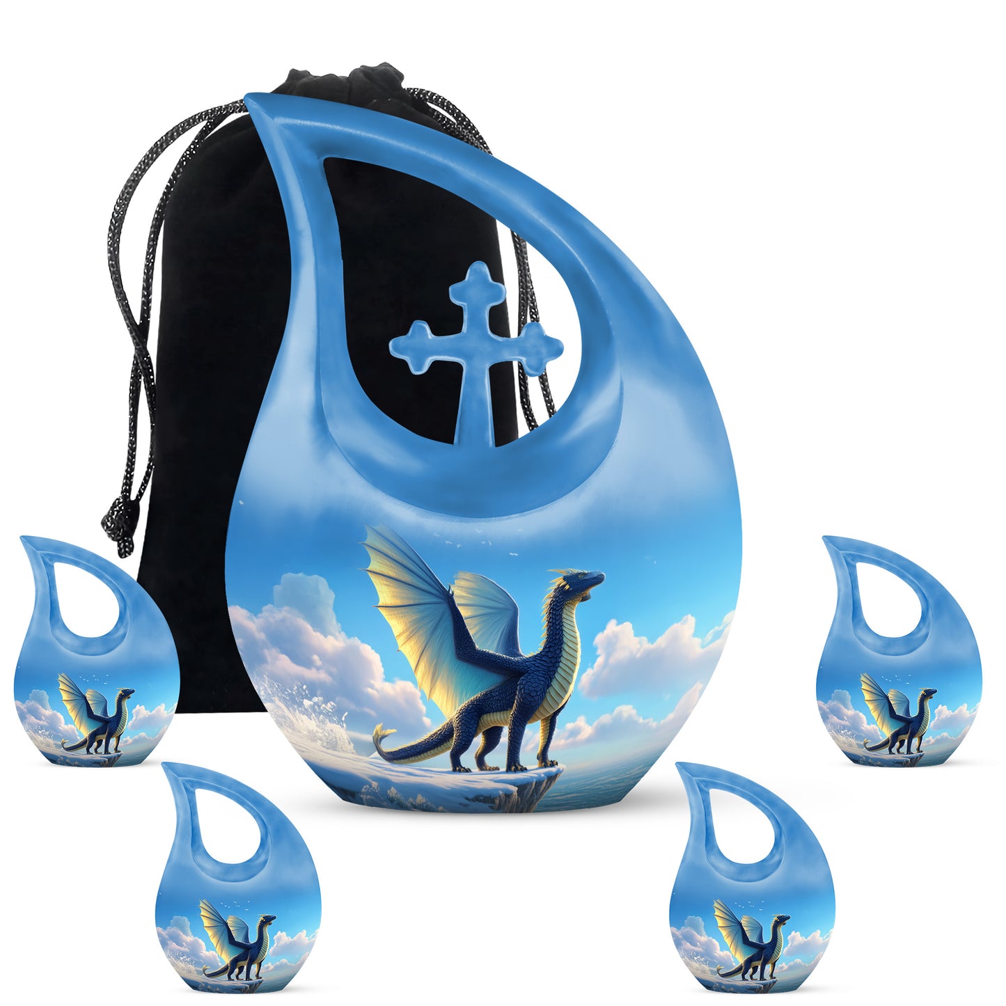 Powder Blue Dragon Cremation Urn urn with complimentary velvet bag - sacred cross merged with dragon motif on metal - memorial set with one large and four small urns