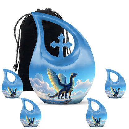 Powder Blue Dragon Cremation Urn urn with complimentary velvet bag - sacred cross merged with dragon motif on metal - memorial set with one large and four small urns