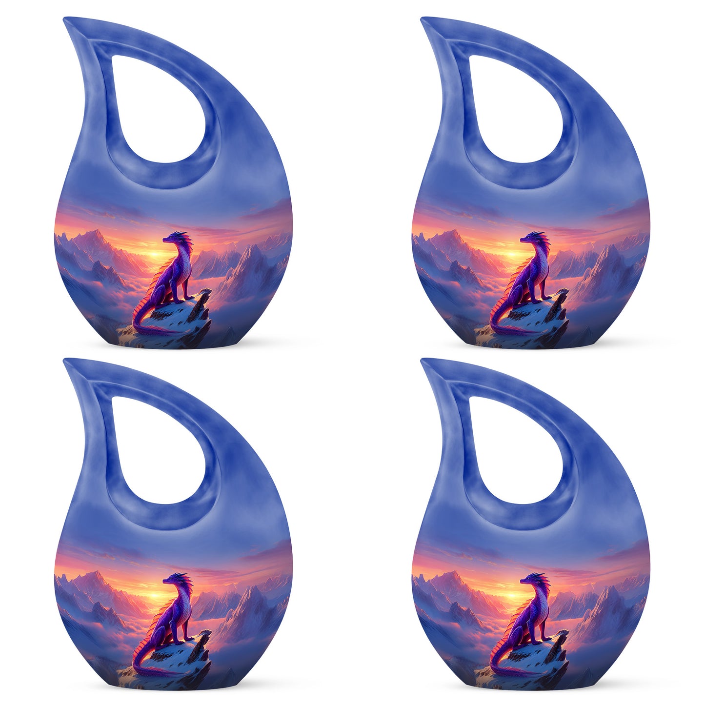 Vivid Blue Dragon Cremation Urn lifestyle display on memorial shelf - faith-inspired cross-drop urn with dragon pattern - 10 inch aluminum urn for cremated remains