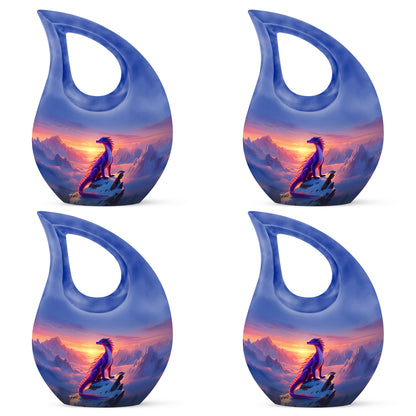 Vivid Blue Dragon Cremation Urn lifestyle display on memorial shelf - faith-inspired cross-drop urn with dragon pattern - 10 inch aluminum urn for cremated remains