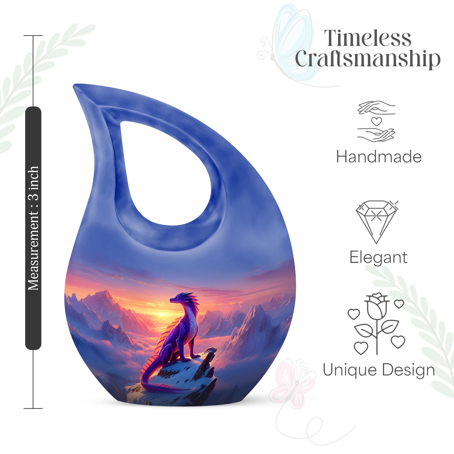 Navy Blue Dragon Cremation Urn back view with polished surface - sacred cross merged with dragon motif on metal - mini keepsake memorial for portion of cremation ashes