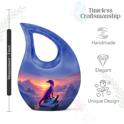 Navy Blue Dragon Cremation Urn back view with polished surface - sacred cross merged with dragon motif on metal - mini keepsake memorial for portion of cremation ashes