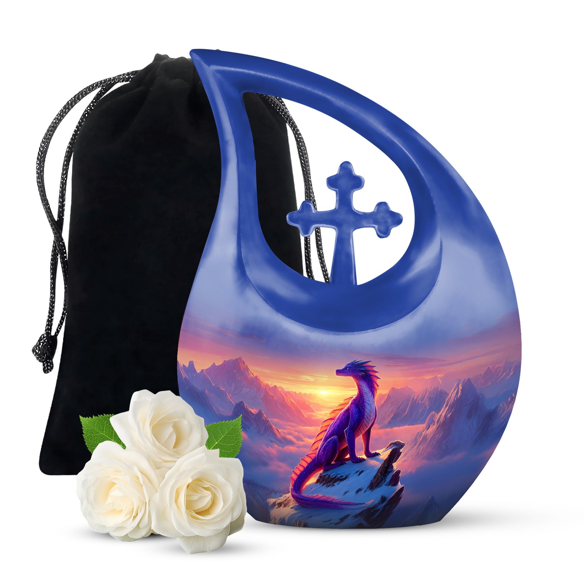 Serene Blue Dragon Cremation Urn top-down view of secure threaded lid - faith-inspired cross-drop urn with dragon pattern - full-size 10 inch 200 cubic inch adult cremation urn