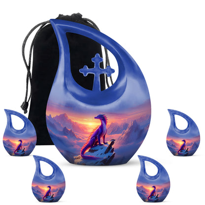 Navy Blue Dragon Cremation Urn urn with complimentary velvet bag - cross and dragon combined in spiritual memorial design - memorial set with one large and four small urns