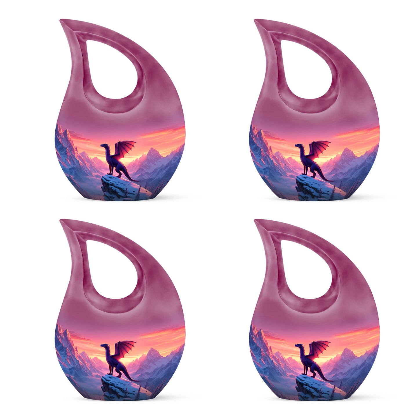Dusty Pink Dragon Cremation Urn lifestyle display on memorial shelf - faith-inspired cross-drop urn with dragon pattern - 10 inch aluminum urn for cremated remains