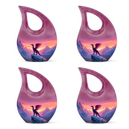 Dusty Pink Dragon Cremation Urn lifestyle display on memorial shelf - faith-inspired cross-drop urn with dragon pattern - 10 inch aluminum urn for cremated remains