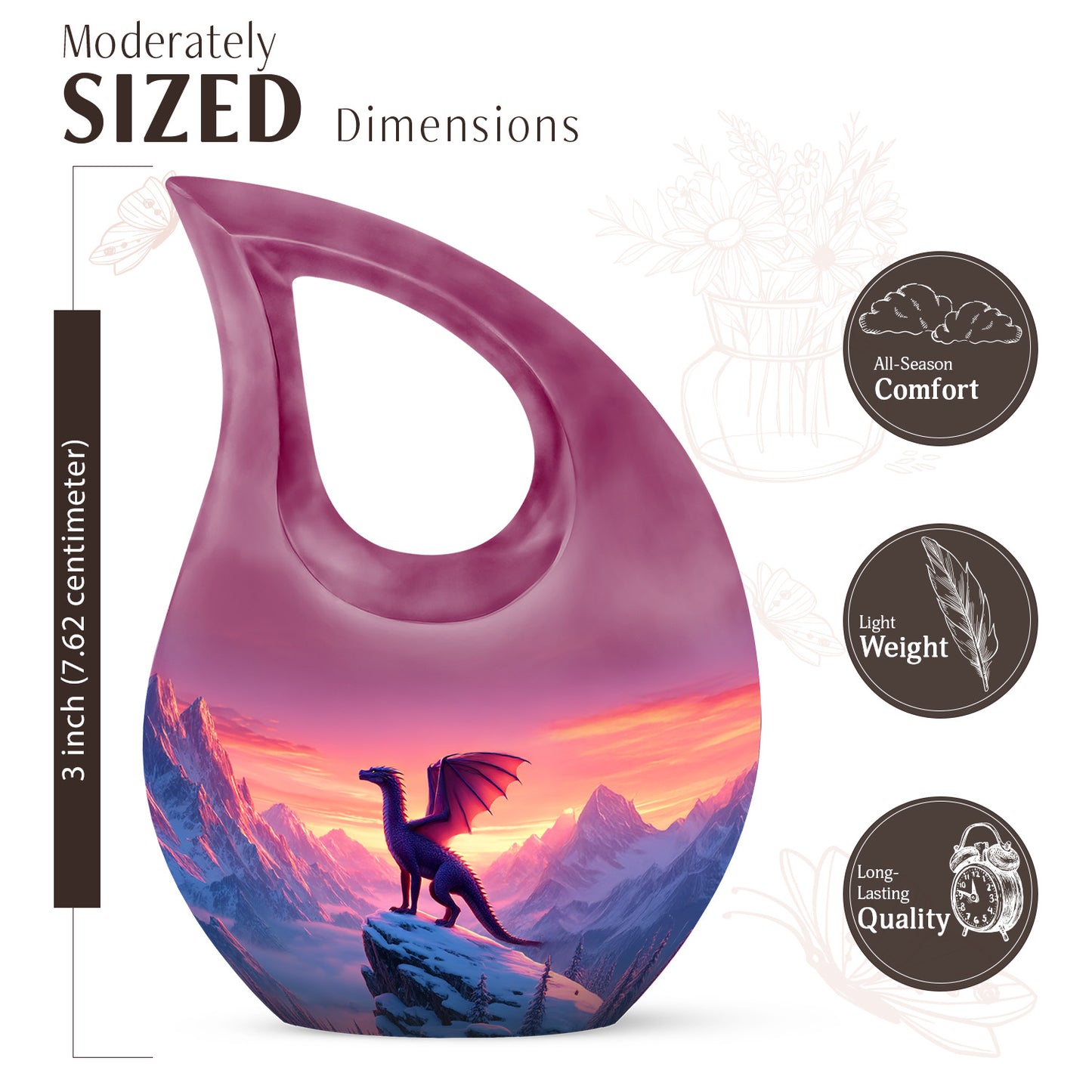 Blush Pink Dragon Cremation Urn back view with polished surface - sacred cross merged with dragon motif on metal - mini keepsake memorial for portion of cremation ashes