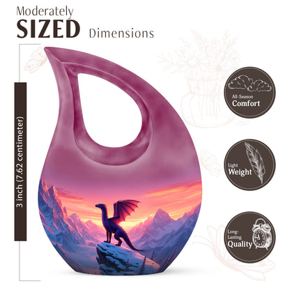 Blush Pink Dragon Cremation Urn back view with polished surface - sacred cross merged with dragon motif on metal - mini keepsake memorial for portion of cremation ashes
