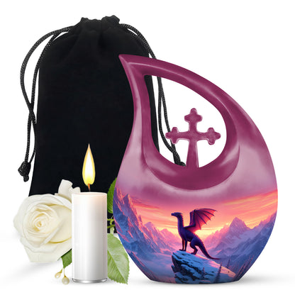 Pastel Pink Dragon Cremation Urn top-down view of secure threaded lid - cross and dragon combined in spiritual memorial design - full-size 10 inch 200 cubic inch adult cremation urn