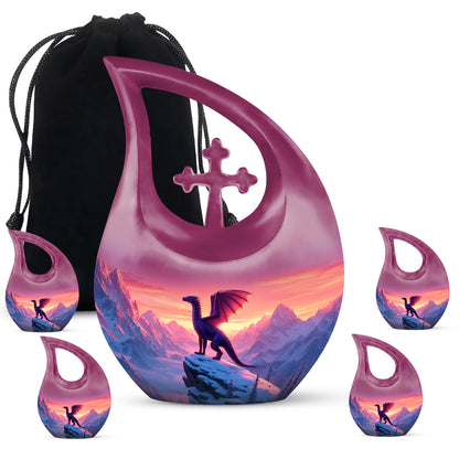 Pastel Pink Dragon Cremation Urn urn with complimentary velvet bag - sacred cross merged with dragon motif on metal - memorial set with one large and four small urns