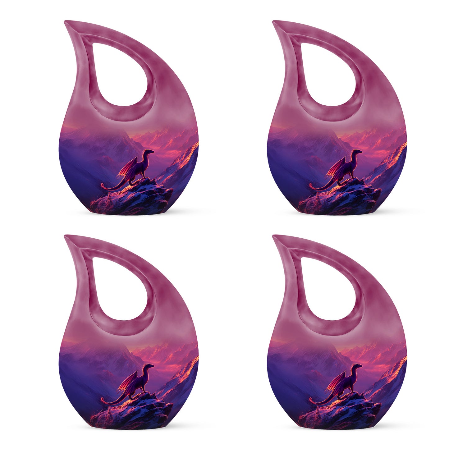 Twilight Purple Dragon Cremation Urn lifestyle display on memorial shelf - devotional cross-drop dragon engraving - 10 inch aluminum urn for cremated remains