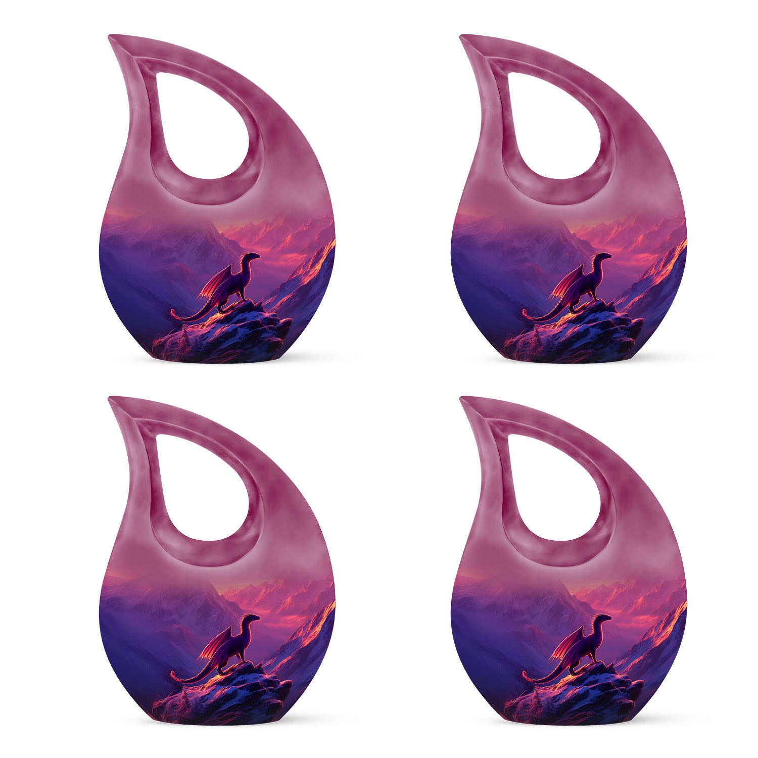 Twilight Purple Dragon Cremation Urn lifestyle display on memorial shelf - devotional cross-drop dragon engraving - 10 inch aluminum urn for cremated remains