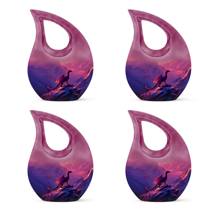 Twilight Purple Dragon Cremation Urn lifestyle display on memorial shelf - devotional cross-drop dragon engraving - 10 inch aluminum urn for cremated remains