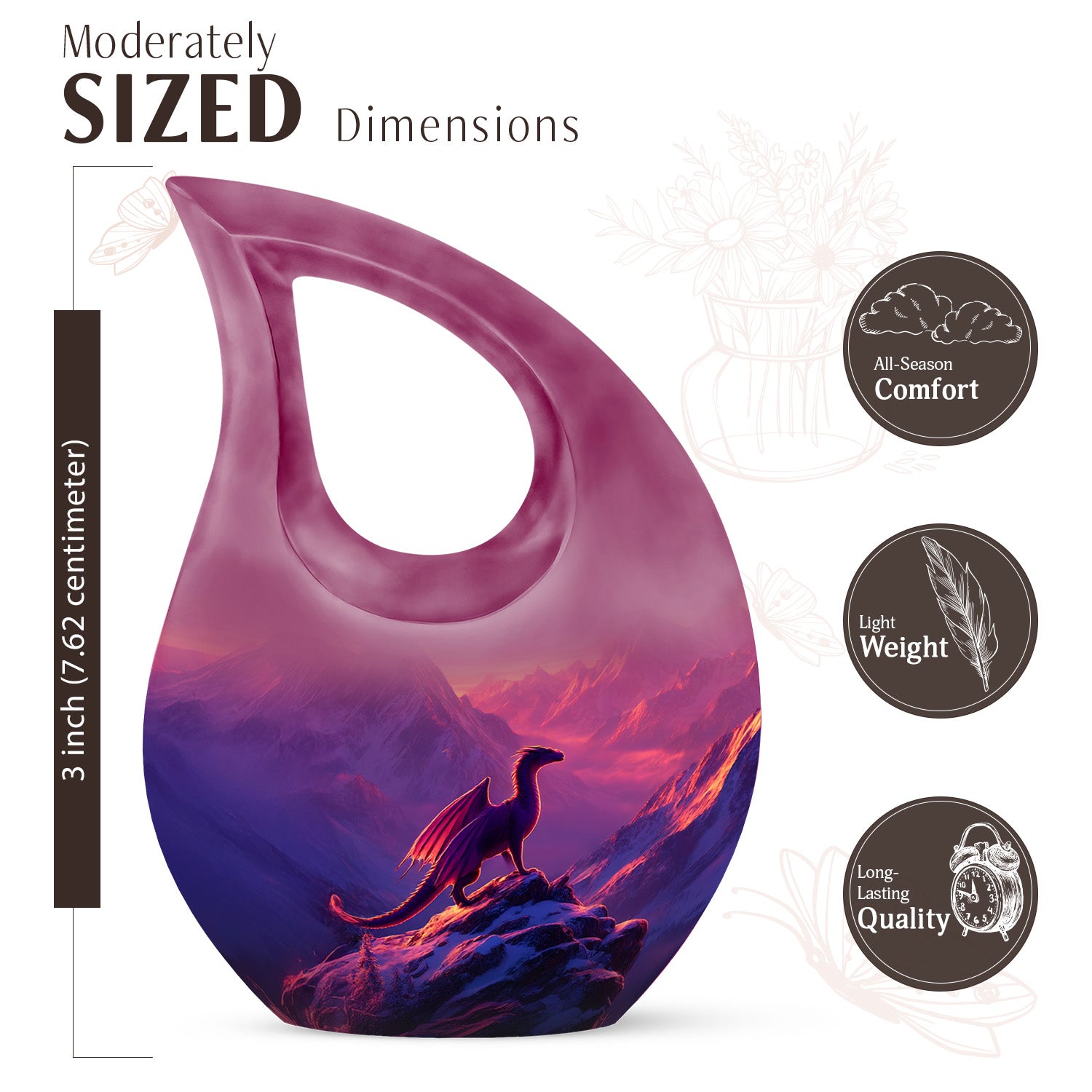 Plum Purple Dragon Cremation Urn back view with polished surface - sacred cross merged with dragon motif on metal - mini keepsake memorial for portion of cremation ashes