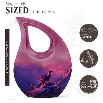 Plum Purple Dragon Cremation Urn back view with polished surface - sacred cross merged with dragon motif on metal - mini keepsake memorial for portion of cremation ashes