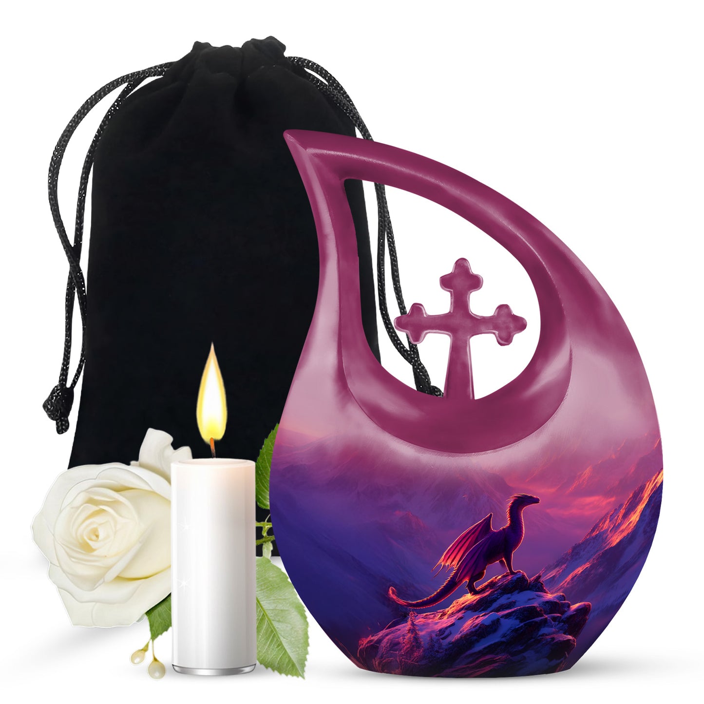 Majestic Purple Dragon Cremation Urn top-down view of secure threaded lid - cross and dragon combined in spiritual memorial design - full-size 10 inch 200 cubic inch adult cremation urn