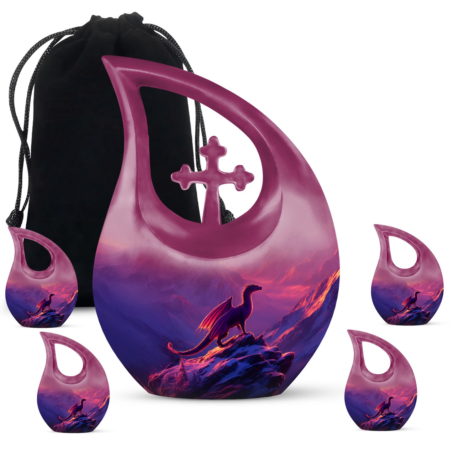 Amethyst Purple Dragon Cremation Urn urn with complimentary velvet bag - sacred cross merged with dragon motif on metal - memorial set with one large and four small urns