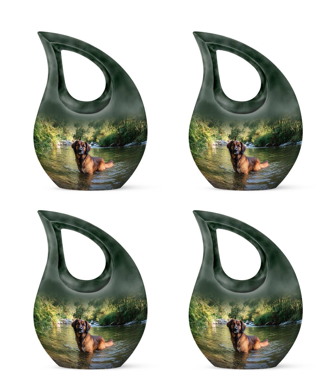Sage Green Dog Cremation Urn lifestyle display on memorial shelf - cross and dog combined in spiritual memorial design - 10 inch aluminum urn for cremated remains