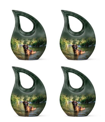 Sage Green Dog Cremation Urn lifestyle display on memorial shelf - cross and dog combined in spiritual memorial design - 10 inch aluminum urn for cremated remains