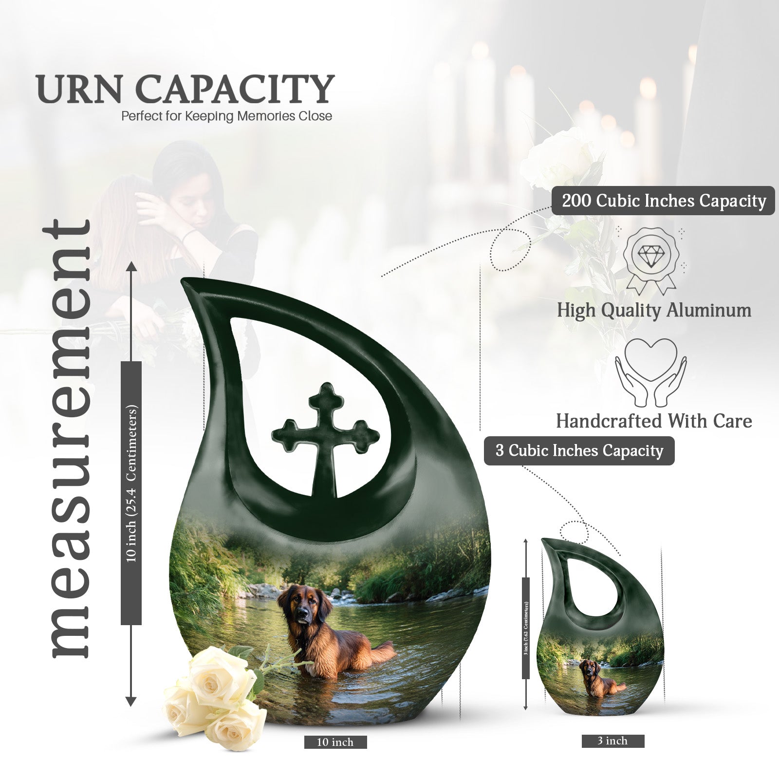 Sage Green Dog Cremation Urn back view with polished surface - cross and dog combined in spiritual memorial design - mini keepsake memorial for portion of cremation ashes