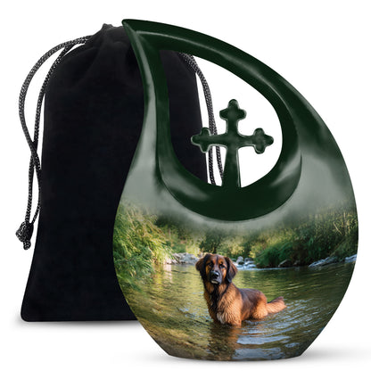 Jade Green Dog Cremation Urn top-down view of secure threaded lid - sacred cross merged with dog motif on metal - full-size 10 inch 200 cubic inch adult cremation urn