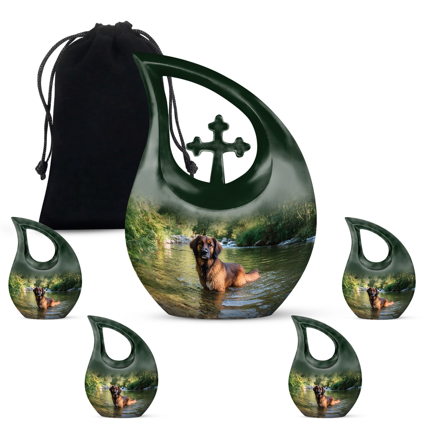 Emerald Green Dog Cremation Urn urn with complimentary velvet bag - cross and dog combined in spiritual memorial design - memorial set with one large and four small urns