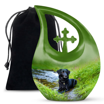 Sea Green Teal Dog Cremation Urn top-down view of secure threaded lid - sacred cross merged with dog motif on metal - full-size 10 inch 200 cubic inch adult cremation urn