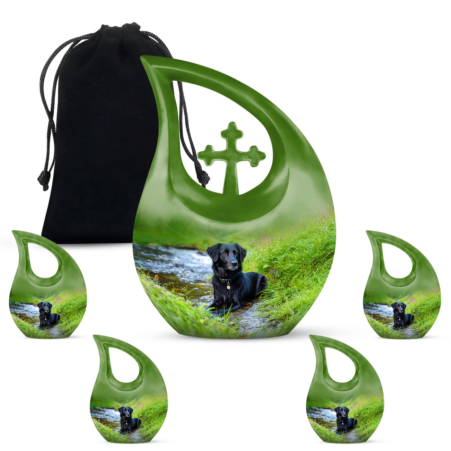 Soft Teal Dog Cremation Urn urn with complimentary velvet bag - sacred cross merged with dog motif on metal - memorial set with one large and four small urns