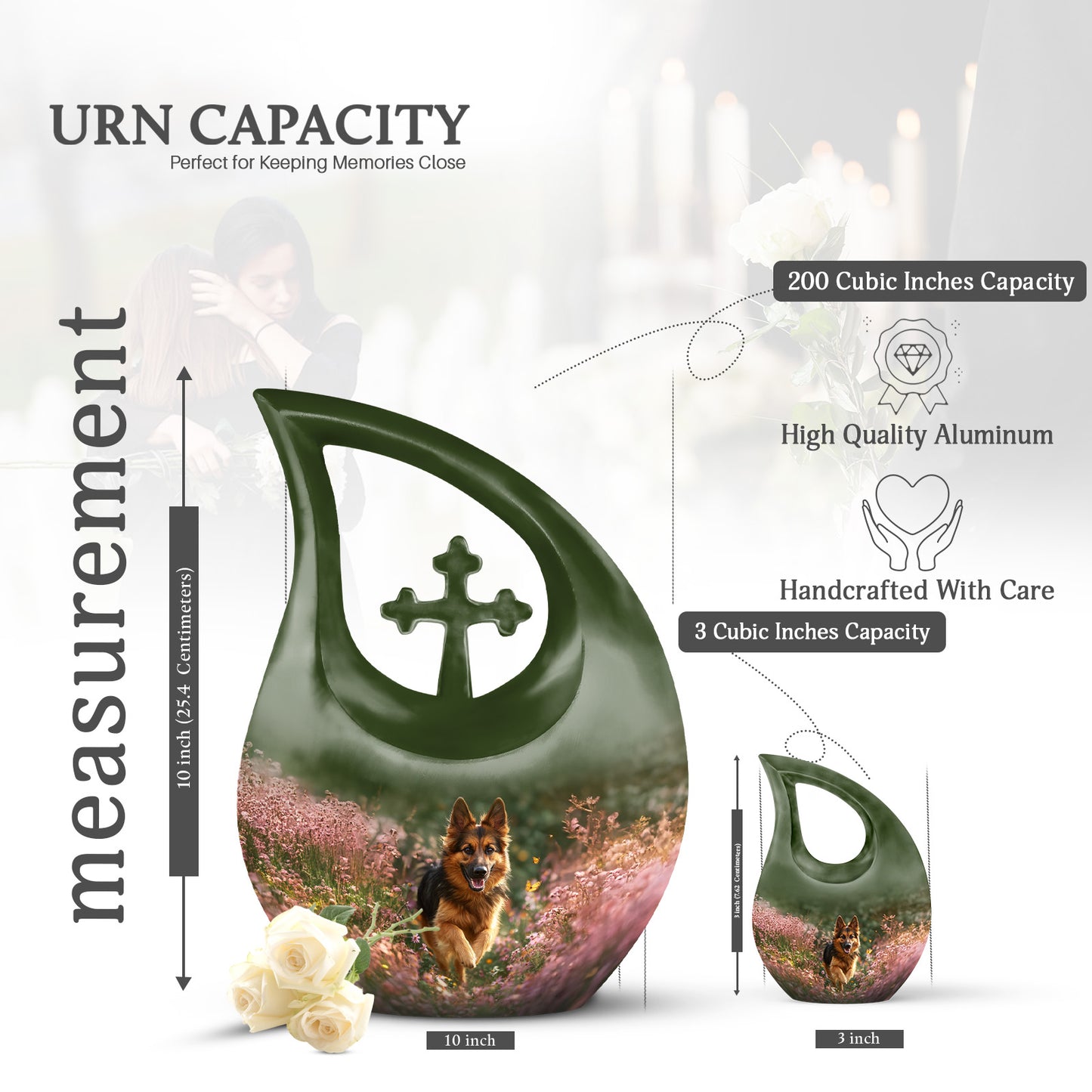 Sunshine Yellow Dog Cremation Urn back view with polished surface - faith-inspired cross-drop urn with dog pattern - mini keepsake memorial for portion of cremation ashes