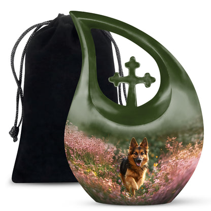 Marigold Yellow Dog Cremation Urn top-down view of secure threaded lid - devotional cross-drop dog engraving - full-size 10 inch 200 cubic inch adult cremation urn