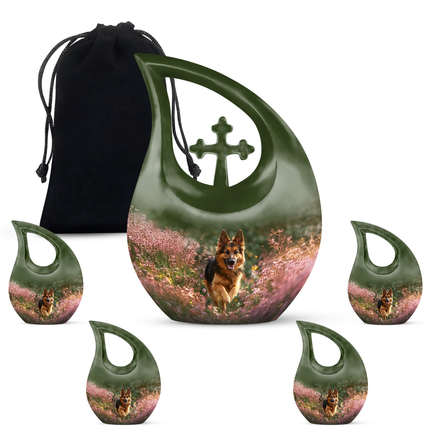 Warm Yellow Dog Cremation Urn urn with complimentary velvet bag - sacred cross merged with dog motif on metal - memorial set with one large and four small urns