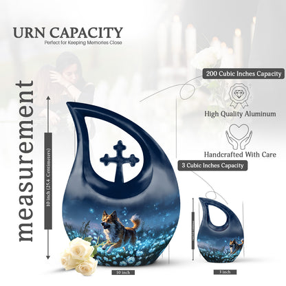 Dusty Blue Dog Cremation Urn back view with polished surface - sacred cross merged with dog motif on metal - mini keepsake memorial for portion of cremation ashes