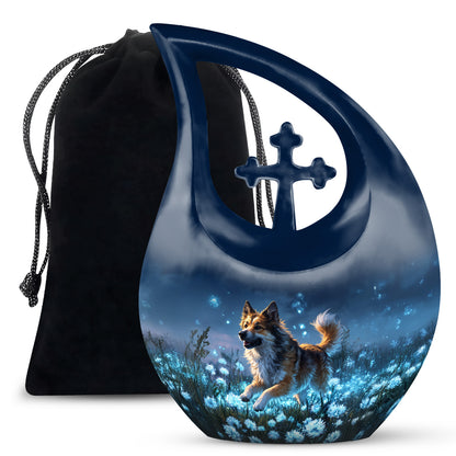 Sky Blue Dog Cremation Urn top-down view of secure threaded lid - cross and dog combined in spiritual memorial design - full-size 10 inch 200 cubic inch adult cremation urn