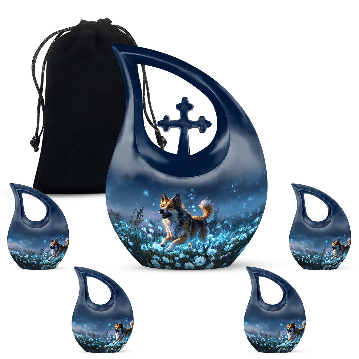 Indigo Dog Cremation Urn urn with complimentary velvet bag - sacred cross merged with dog motif on metal - memorial set with one large and four small urns