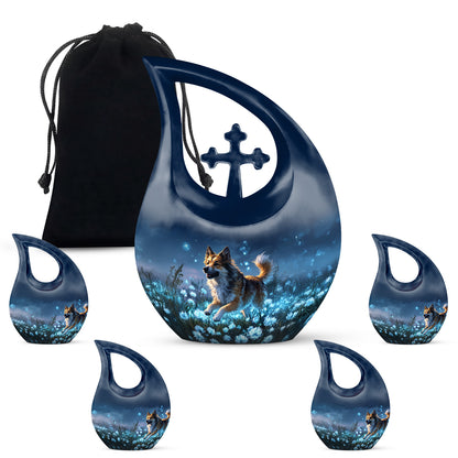 Indigo Dog Cremation Urn urn with complimentary velvet bag - sacred cross merged with dog motif on metal - memorial set with one large and four small urns