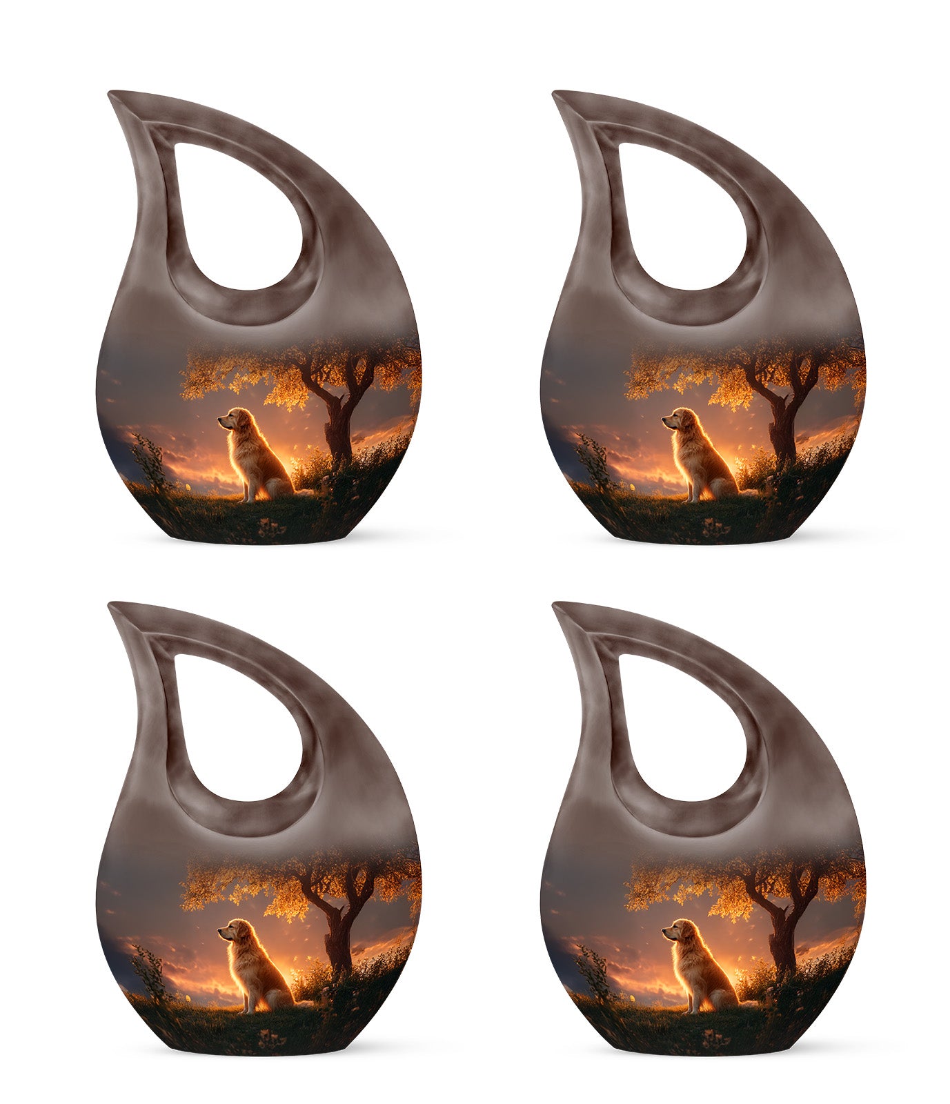 Charcoal Black Dog Cremation Urn lifestyle display on memorial shelf - faith-inspired cross-drop urn with dog pattern - 10 inch aluminum urn for cremated remains