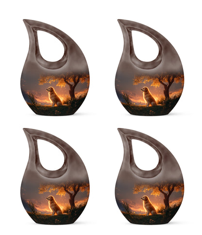 Charcoal Black Dog Cremation Urn lifestyle display on memorial shelf - faith-inspired cross-drop urn with dog pattern - 10 inch aluminum urn for cremated remains