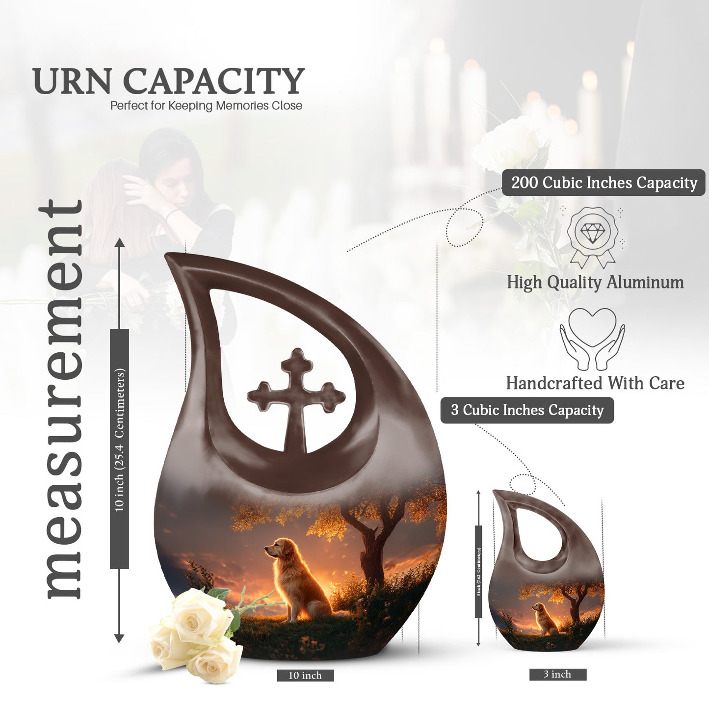 Deep Black Dog Cremation Urn back view with polished surface - cross and dog combined in spiritual memorial design - mini keepsake memorial for portion of cremation ashes