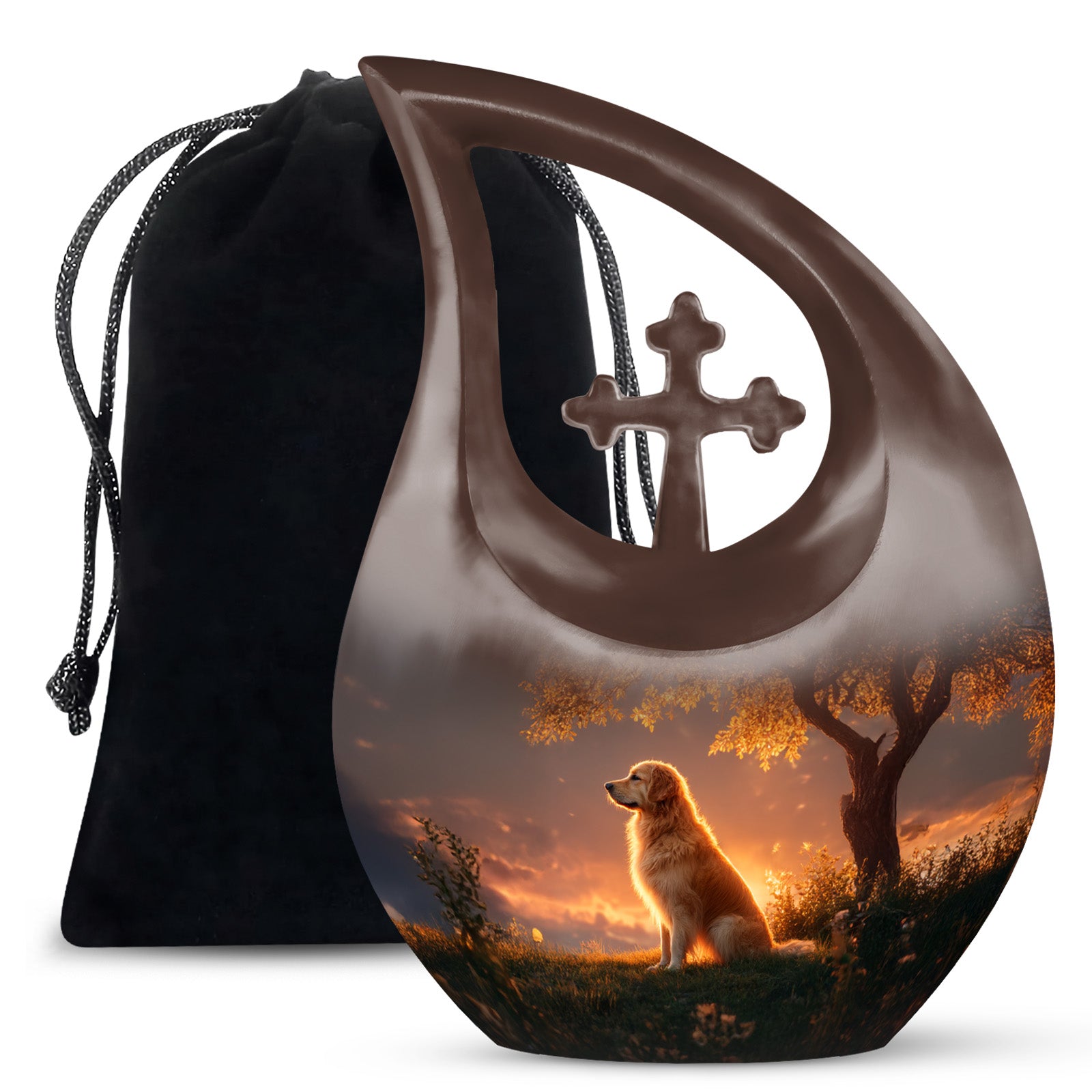 Charcoal Black Dog Cremation Urn top-down view of secure threaded lid - faith-inspired cross-drop urn with dog pattern - full-size 10 inch 200 cubic inch adult cremation urn