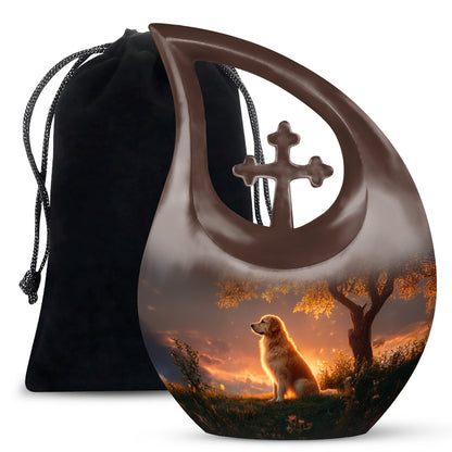 Charcoal Black Dog Cremation Urn top-down view of secure threaded lid - faith-inspired cross-drop urn with dog pattern - full-size 10 inch 200 cubic inch adult cremation urn
