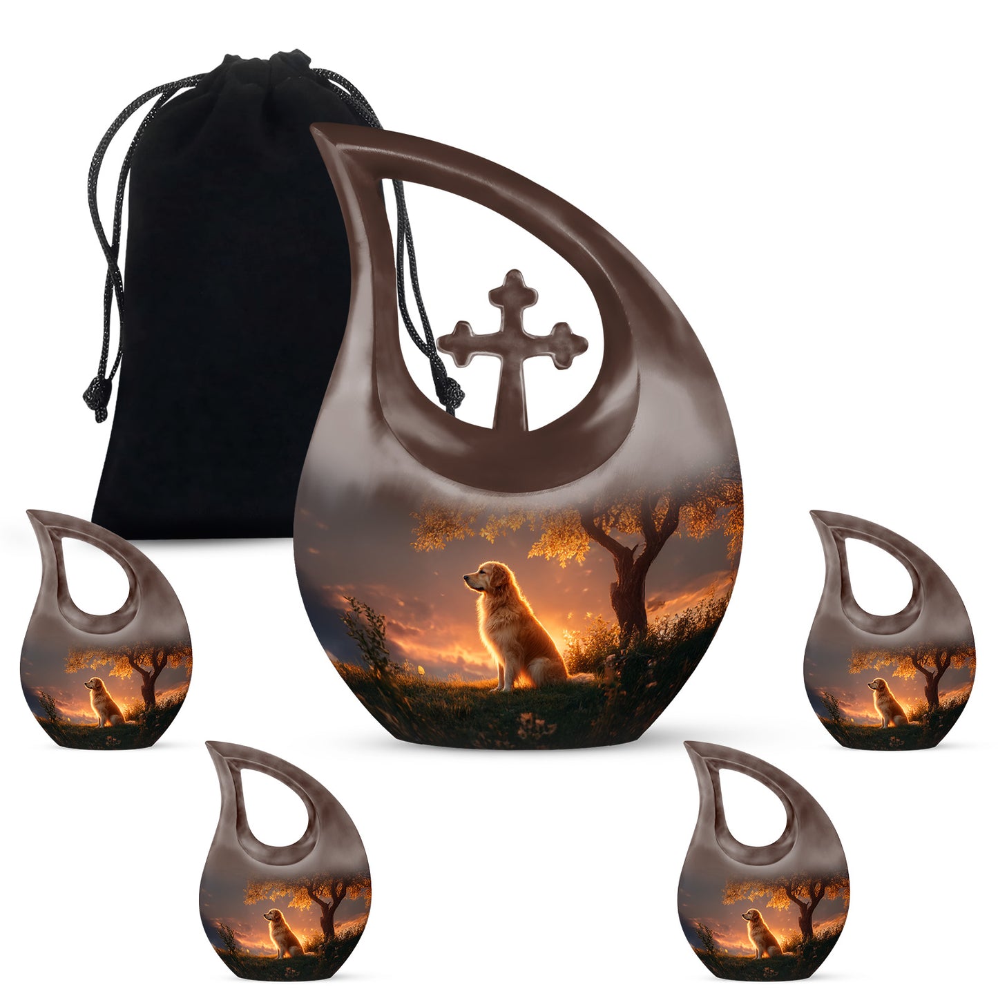 Deep Black Dog Cremation Urn urn with complimentary velvet bag - sacred cross merged with dog motif on metal - memorial set with one large and four small urns