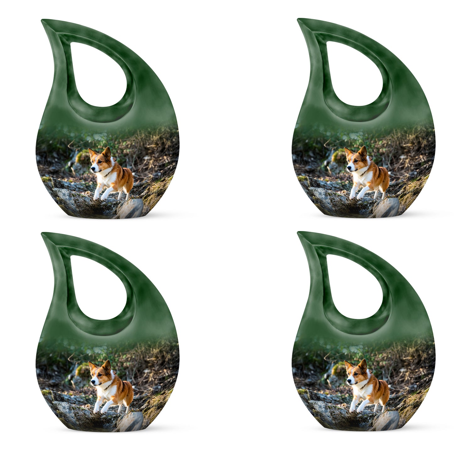 Olive Green Dog Cremation Urn lifestyle display on memorial shelf - devotional cross-drop dog engraving - 10 inch aluminum urn for cremated remains
