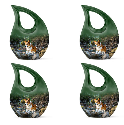 Olive Green Dog Cremation Urn lifestyle display on memorial shelf - devotional cross-drop dog engraving - 10 inch aluminum urn for cremated remains
