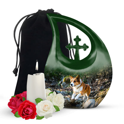 Verdant Green Dog Cremation Urn top-down view of secure threaded lid - cross and dog combined in spiritual memorial design - full-size 10 inch 200 cubic inch adult cremation urn