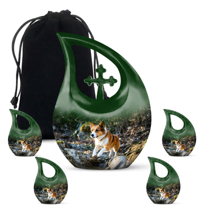 Olive Green Dog Cremation Urn urn with complimentary velvet bag - faith-inspired cross-drop urn with dog pattern - memorial set with one large and four small urns