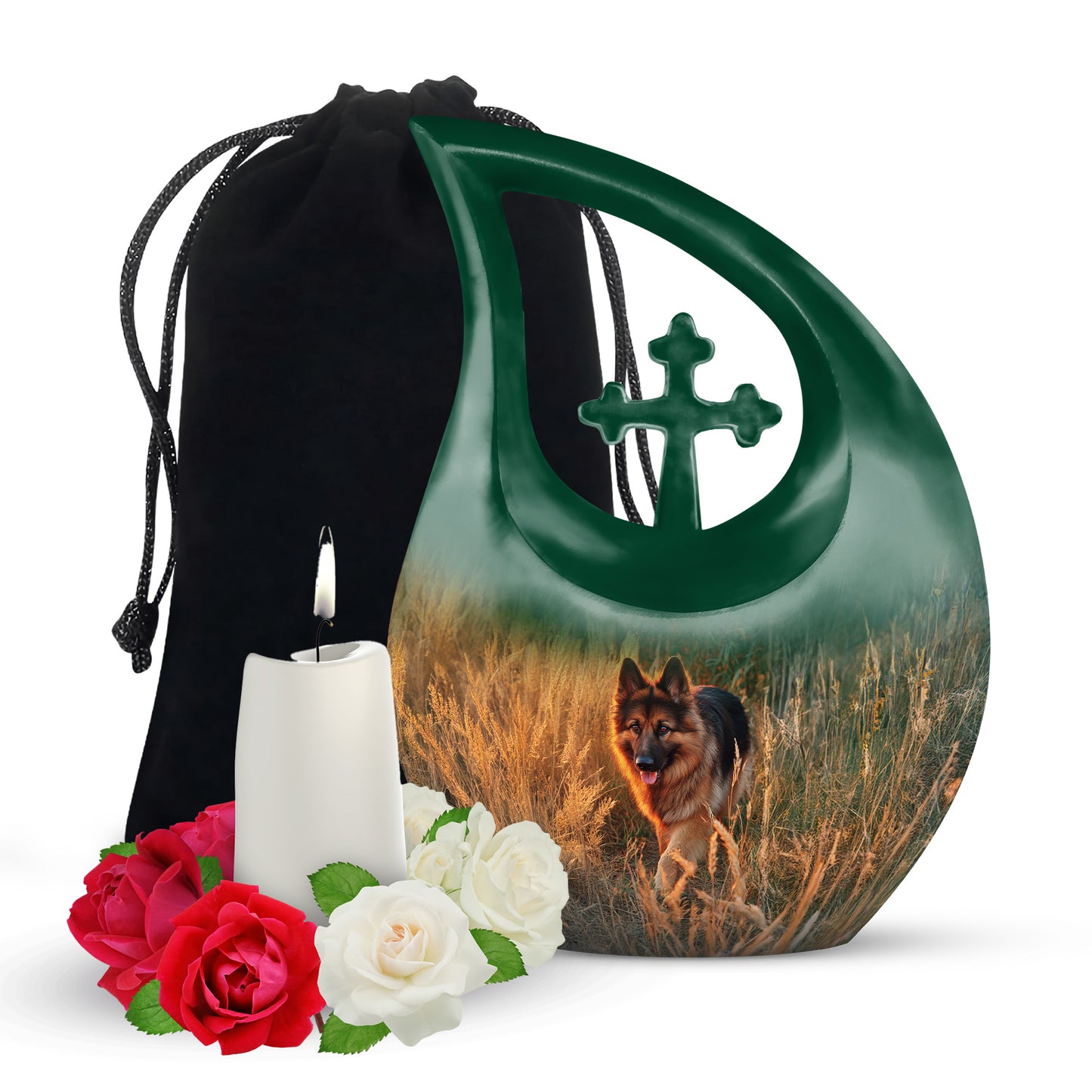 Amber Gold Dog Cremation Urn top-down view of secure threaded lid - cross and dog combined in spiritual memorial design - full-size 10 inch 200 cubic inch adult cremation urn