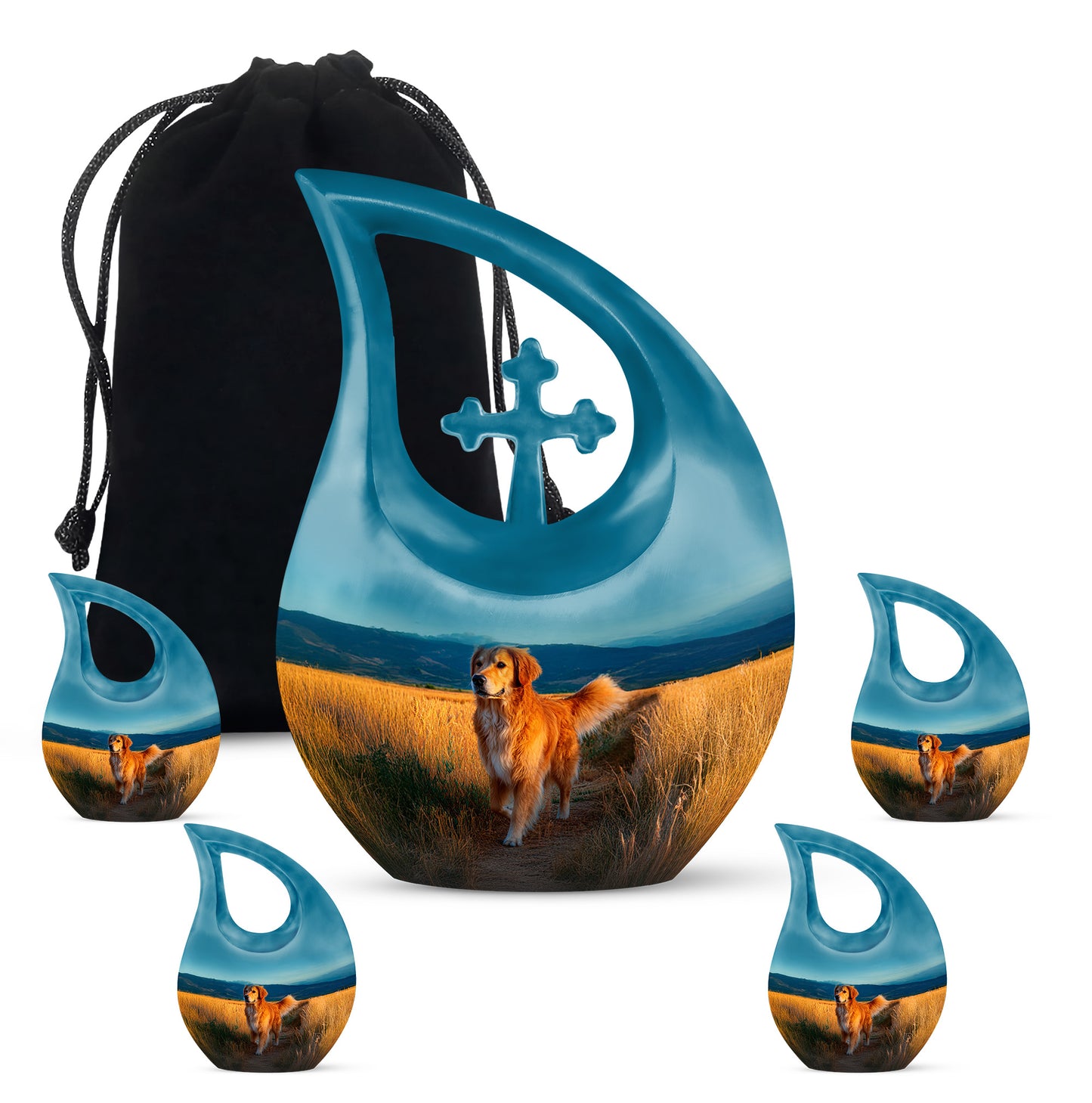 Jewel Teal Dog Cremation Urn urn with complimentary velvet bag - cross and dog combined in spiritual memorial design - memorial set with one large and four small urns